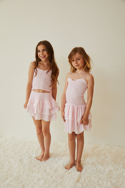 Gemma Pastel Pink & White Gingham Hearts Satin Mini Skirt