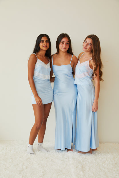 Jewels Pastel Blue Satin Dress With Lace Trim