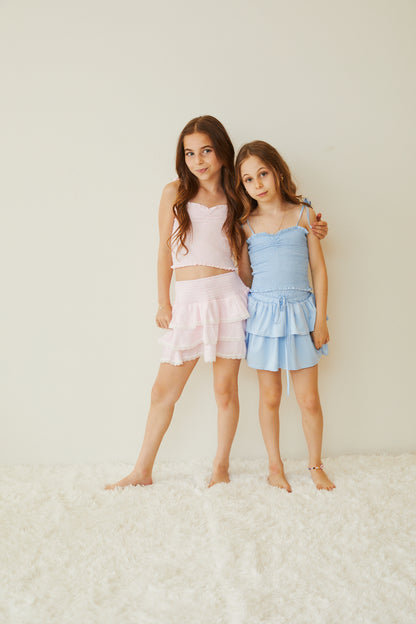 Georgia Pastel Pink & White Gingham Hearts Satin Smocked Top