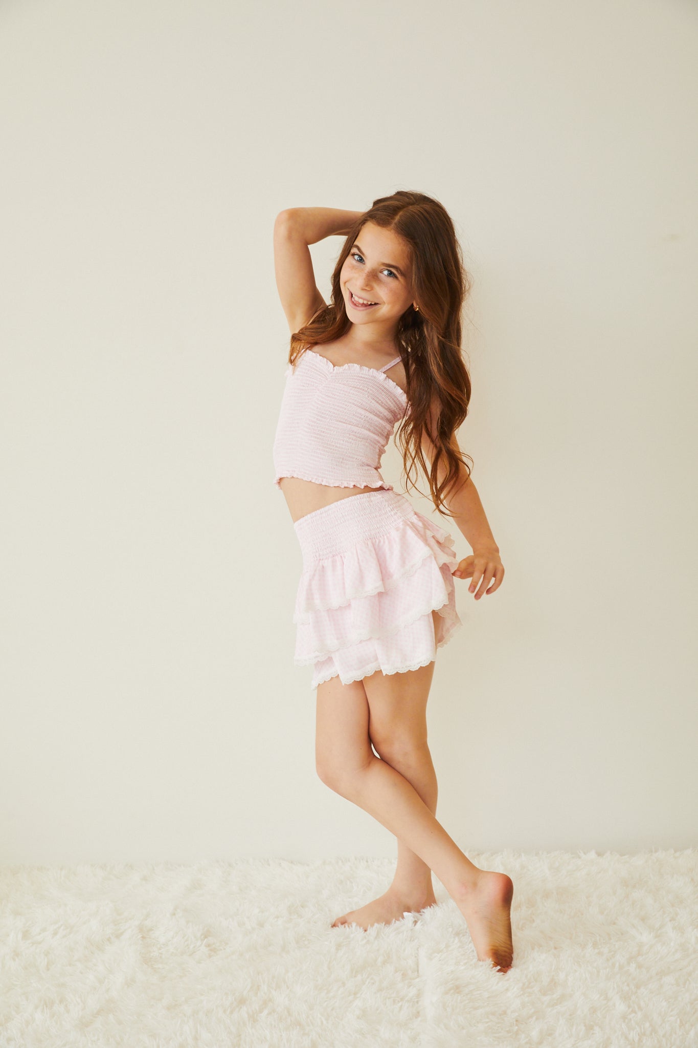 Gemma Pastel Pink & White Gingham Hearts Satin Mini Skirt