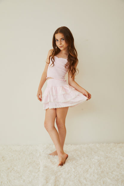 Gemma Pastel Pink & White Gingham Hearts Satin Mini Skirt