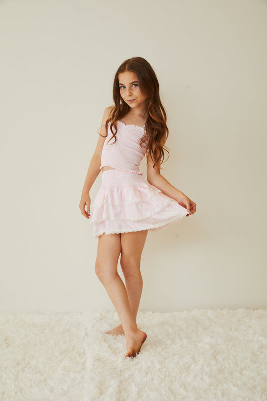 Georgia Pastel Pink & White Gingham Hearts Satin Smocked Top