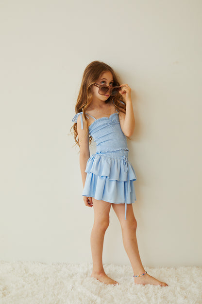 Georgia Pastel Blue Satin Smocked Top