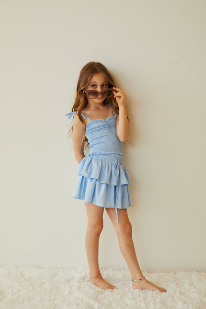 Georgia Pastel Blue Satin Smocked Top