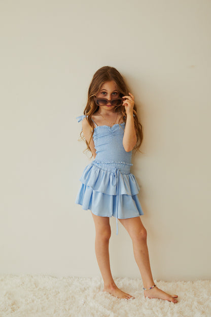 Georgia Pastel Blue Satin Smocked Top