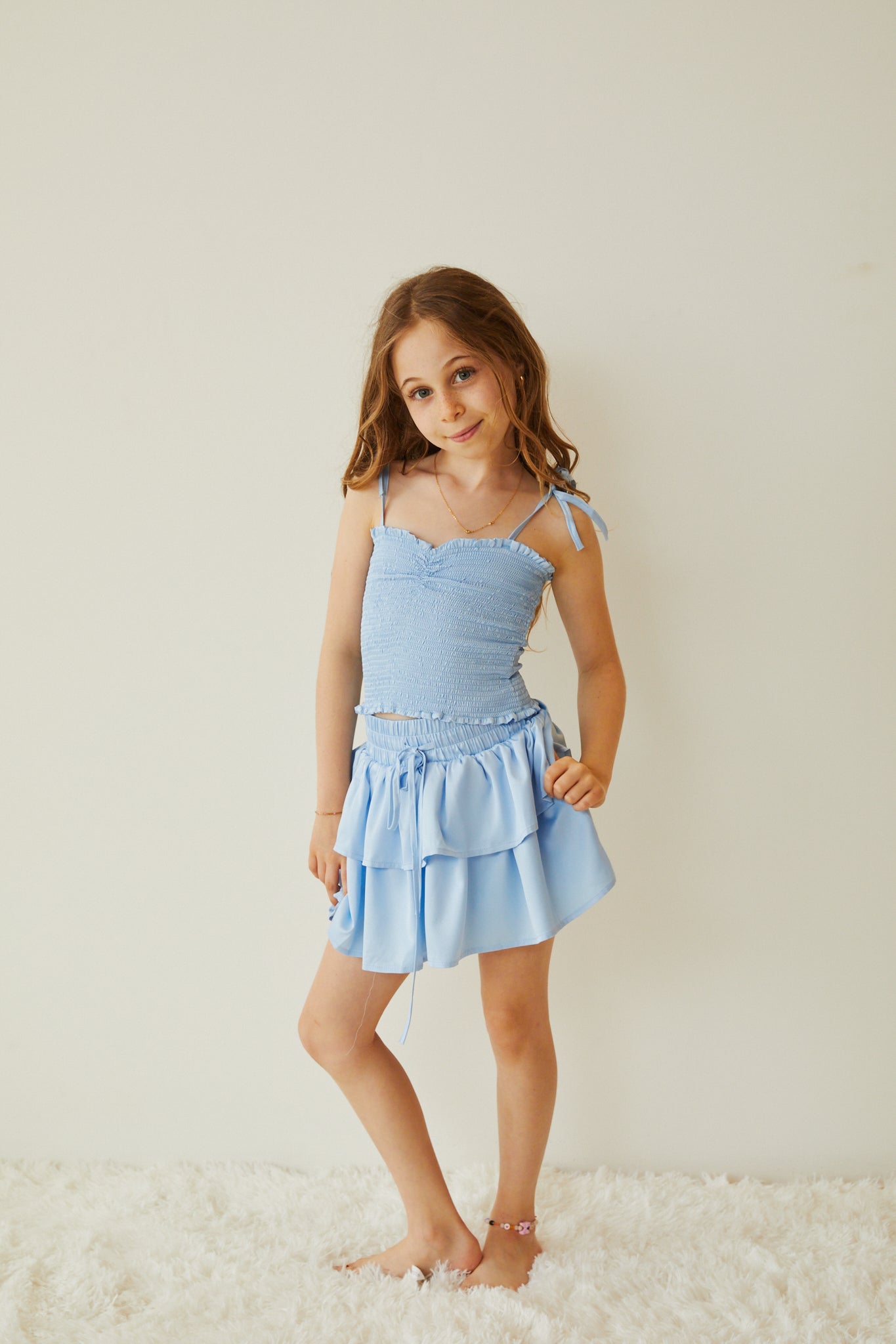 Georgia Pastel Blue Satin Smocked Top