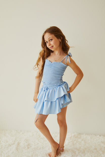 Georgia Pastel Blue Satin Smocked Top