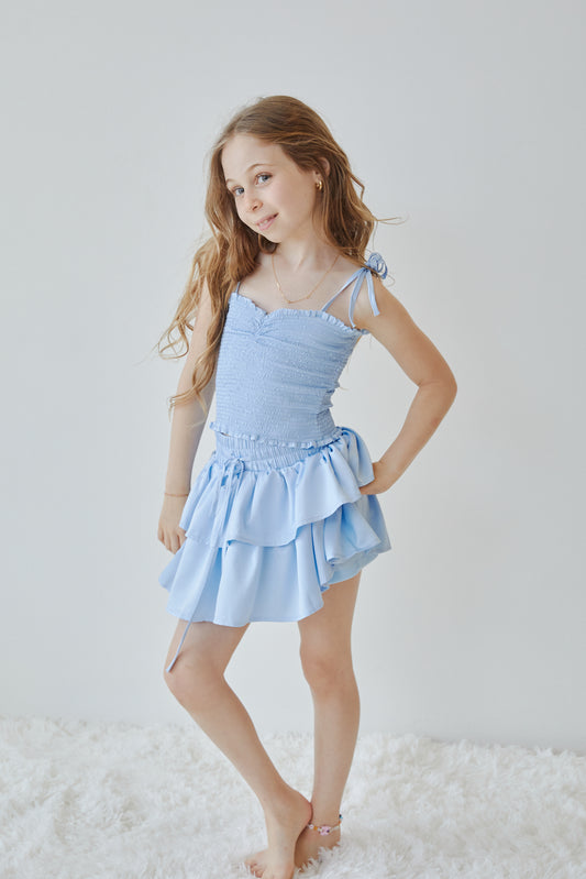 Georgia Pastel Blue Satin Smocked Top