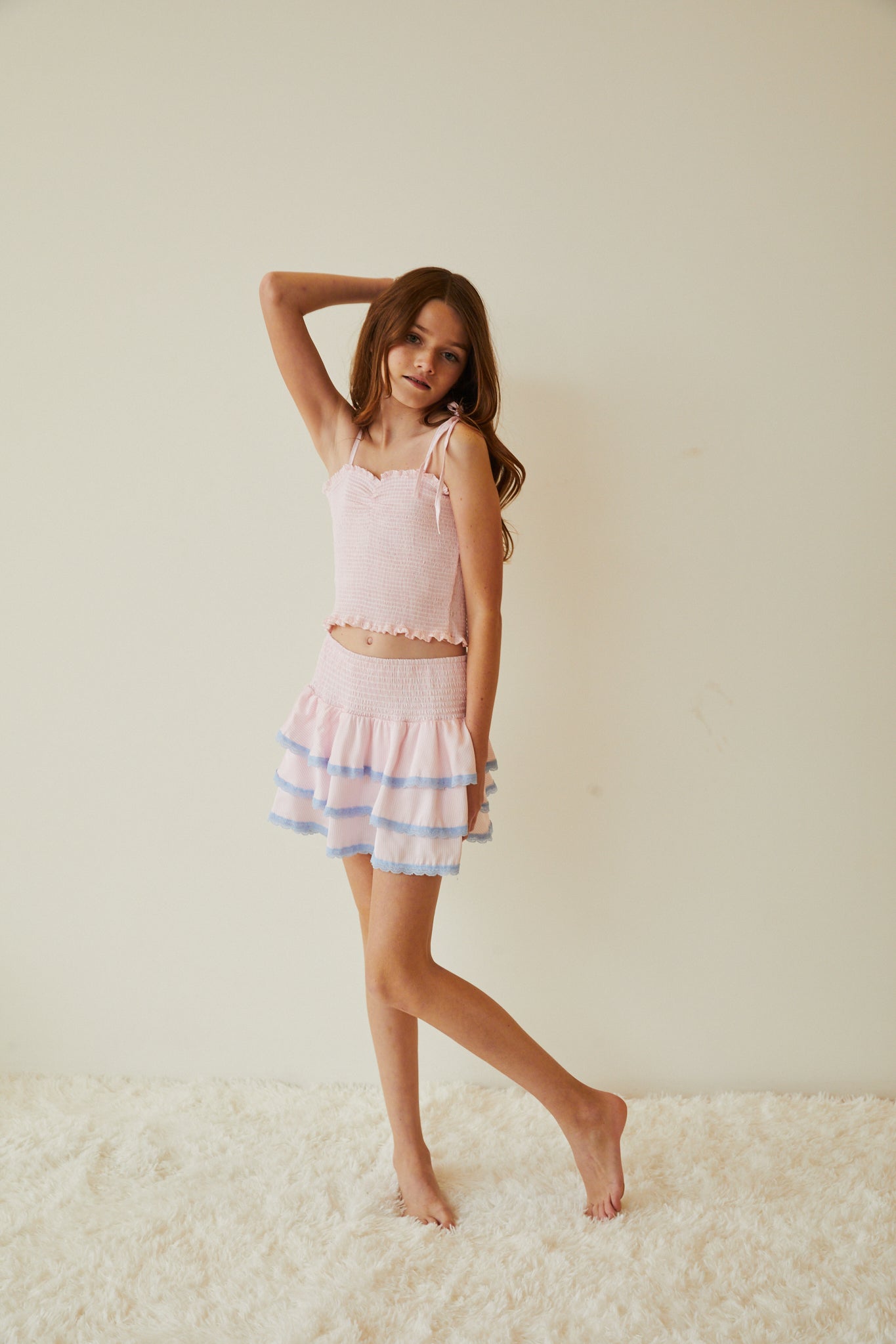 Georgia Pastel Pink Pin Strips Satin Smocked Top