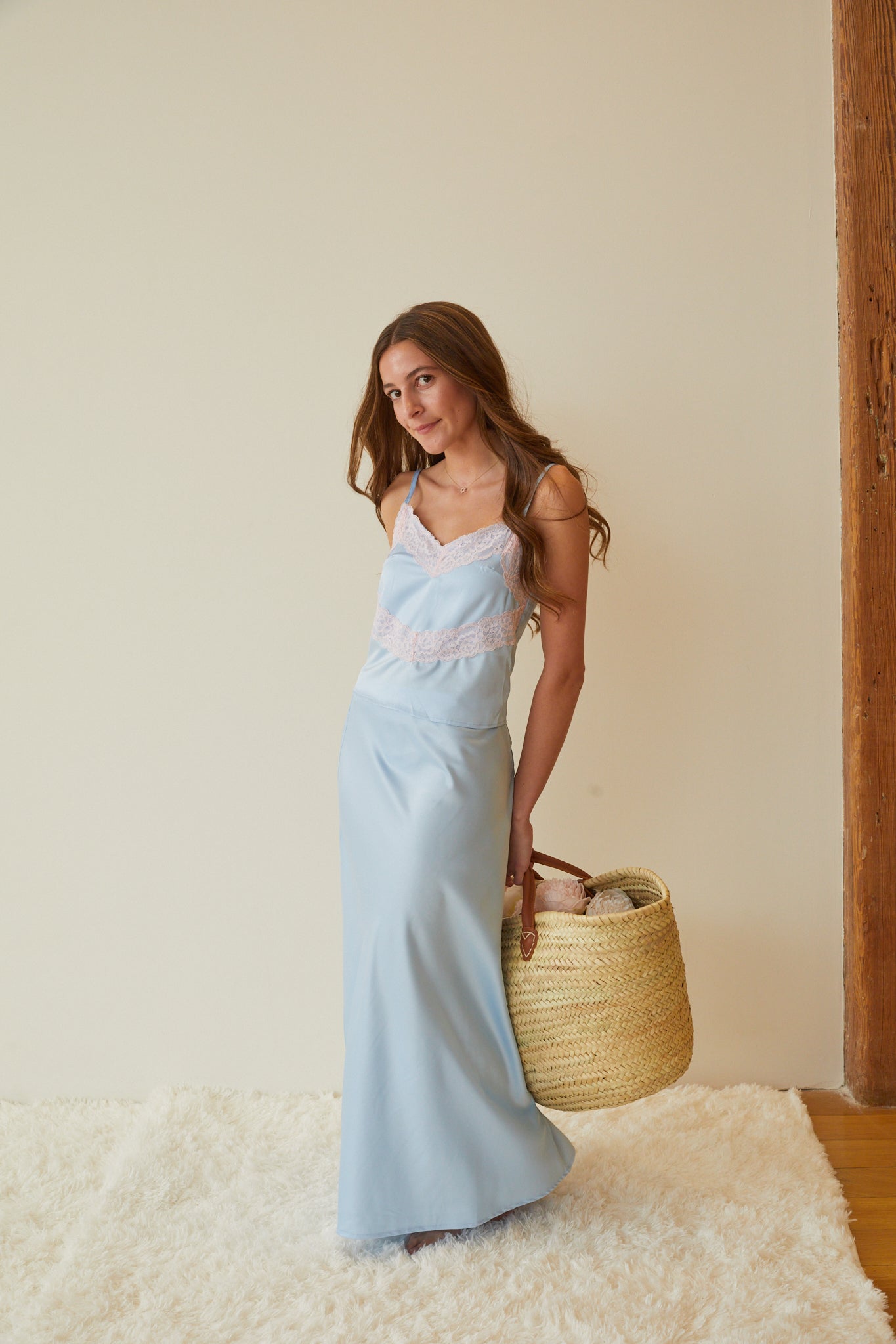 Margot Pastel Blue Satin Tank With Lace Trim
