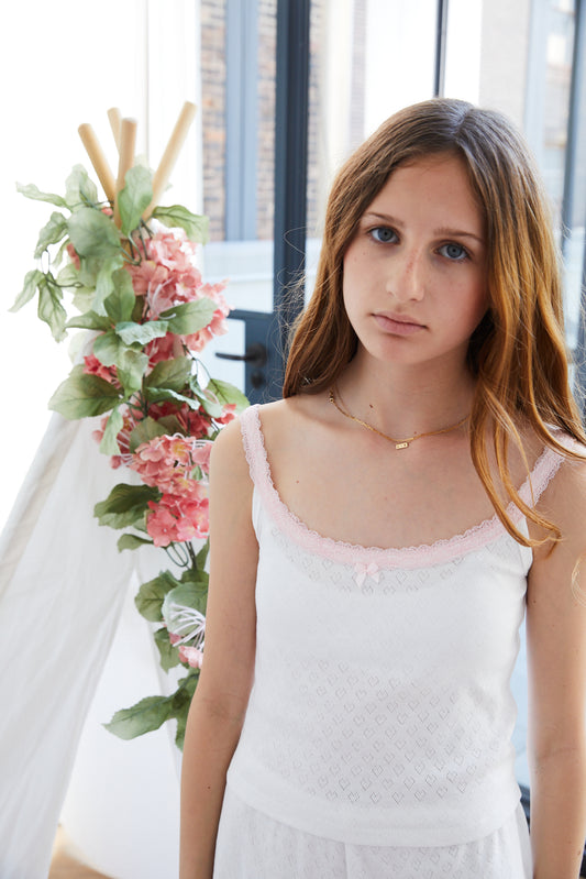 Lizzie White Heart Pointelle Tank with Pink Lace