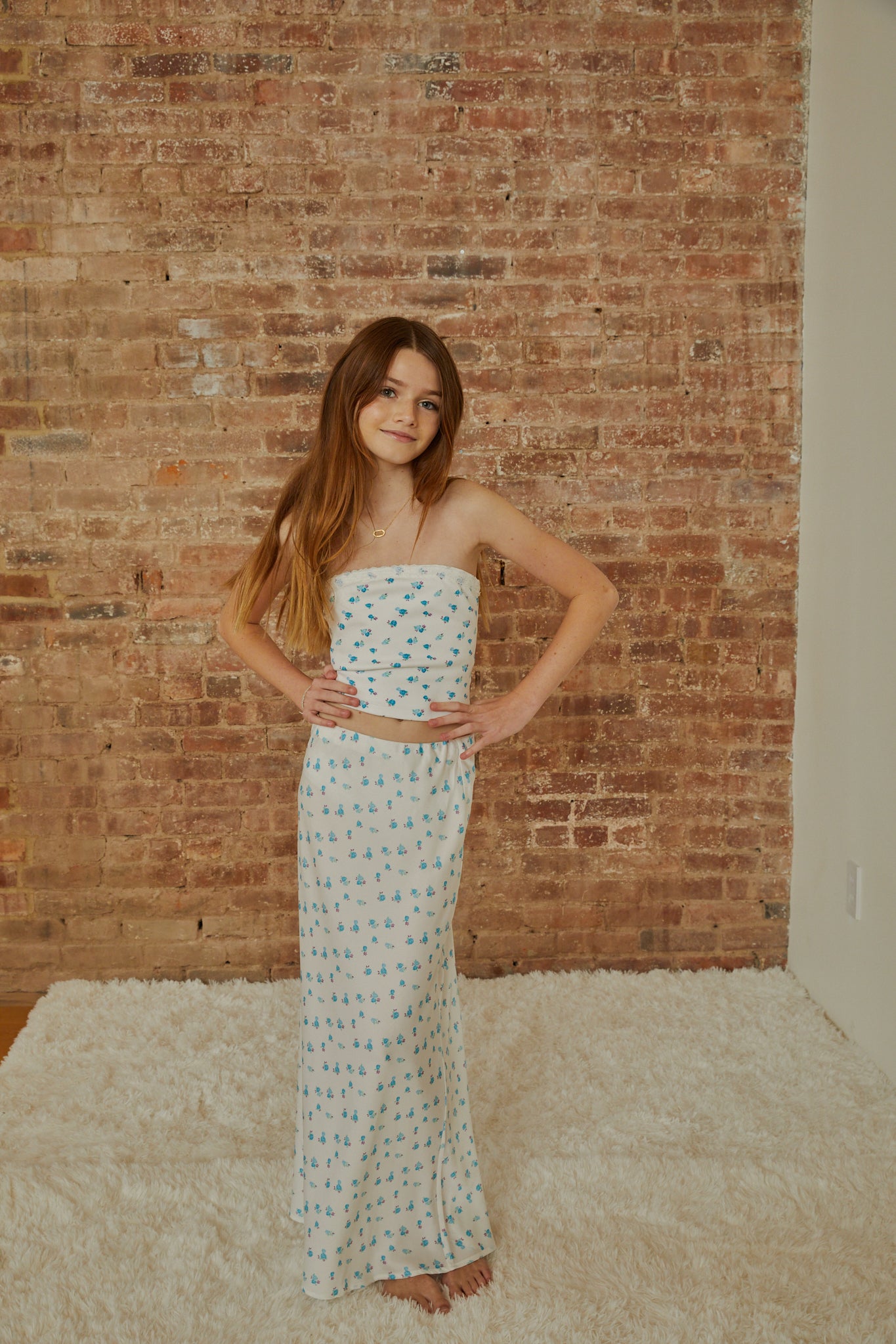 Joey White With Pastel Blue Ditsy Satin Maxi