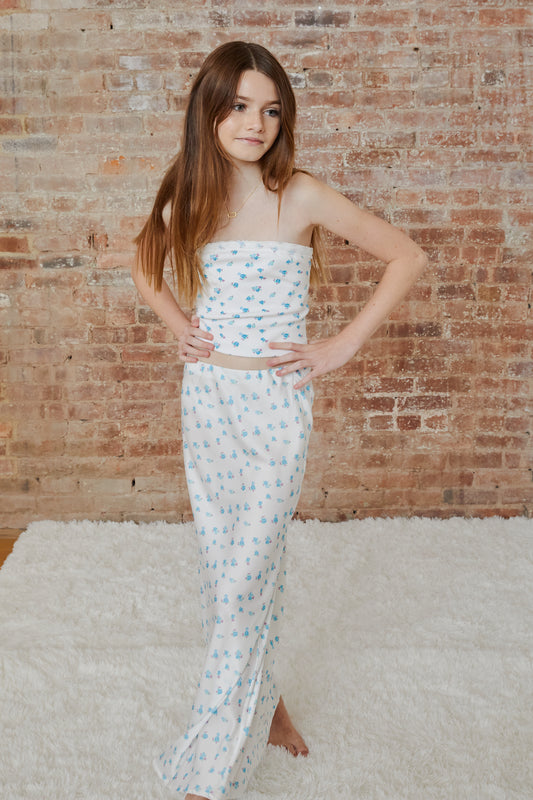 Joey White With Pastel Blue Ditsy Satin Maxi