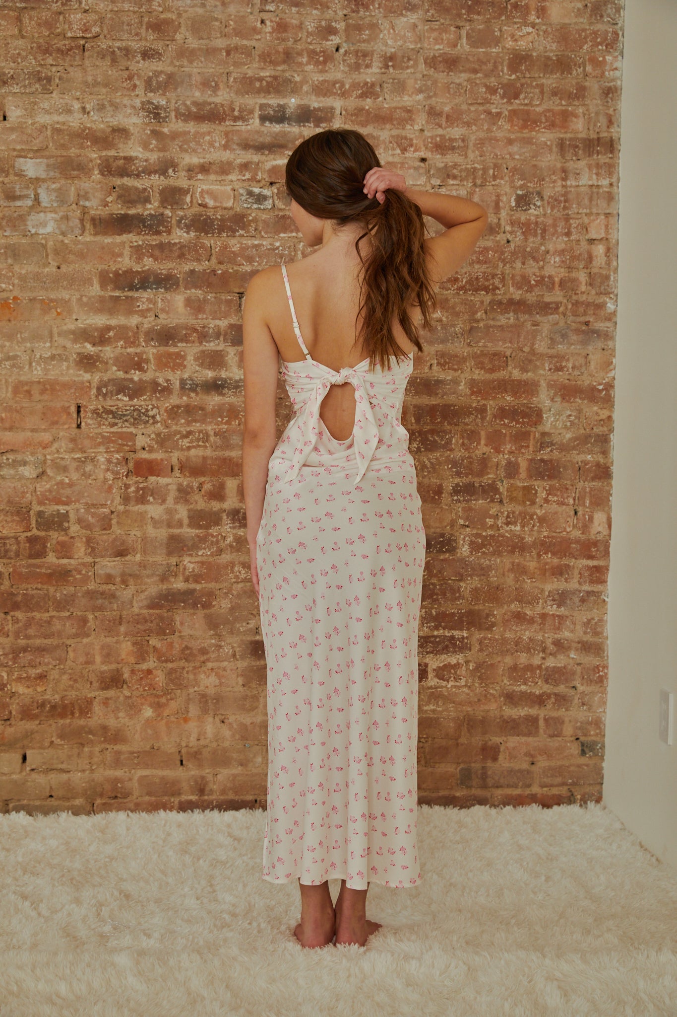 Charlotte White With Pastel Pink Ditsy Long Satin Dress
