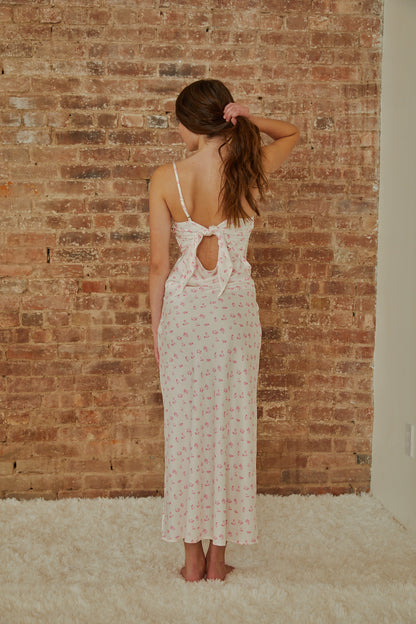 Charlotte White With Pastel Pink Ditsy Long Satin Dress