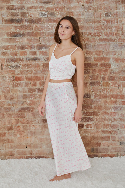 Margot White With Pastel Pink Ditsy Satin Tank With Lace Trim