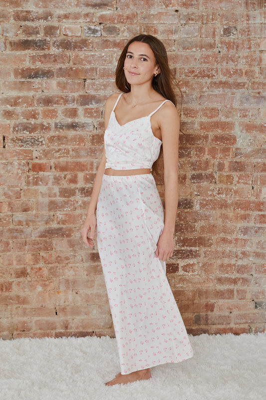 Margot White With Pastel Pink Ditsy Satin Tank With Lace Trim