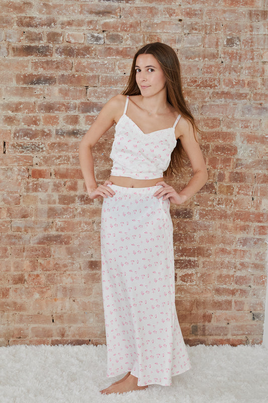 Margot White With Pastel Pink Ditsy Satin Tank With Lace Trim