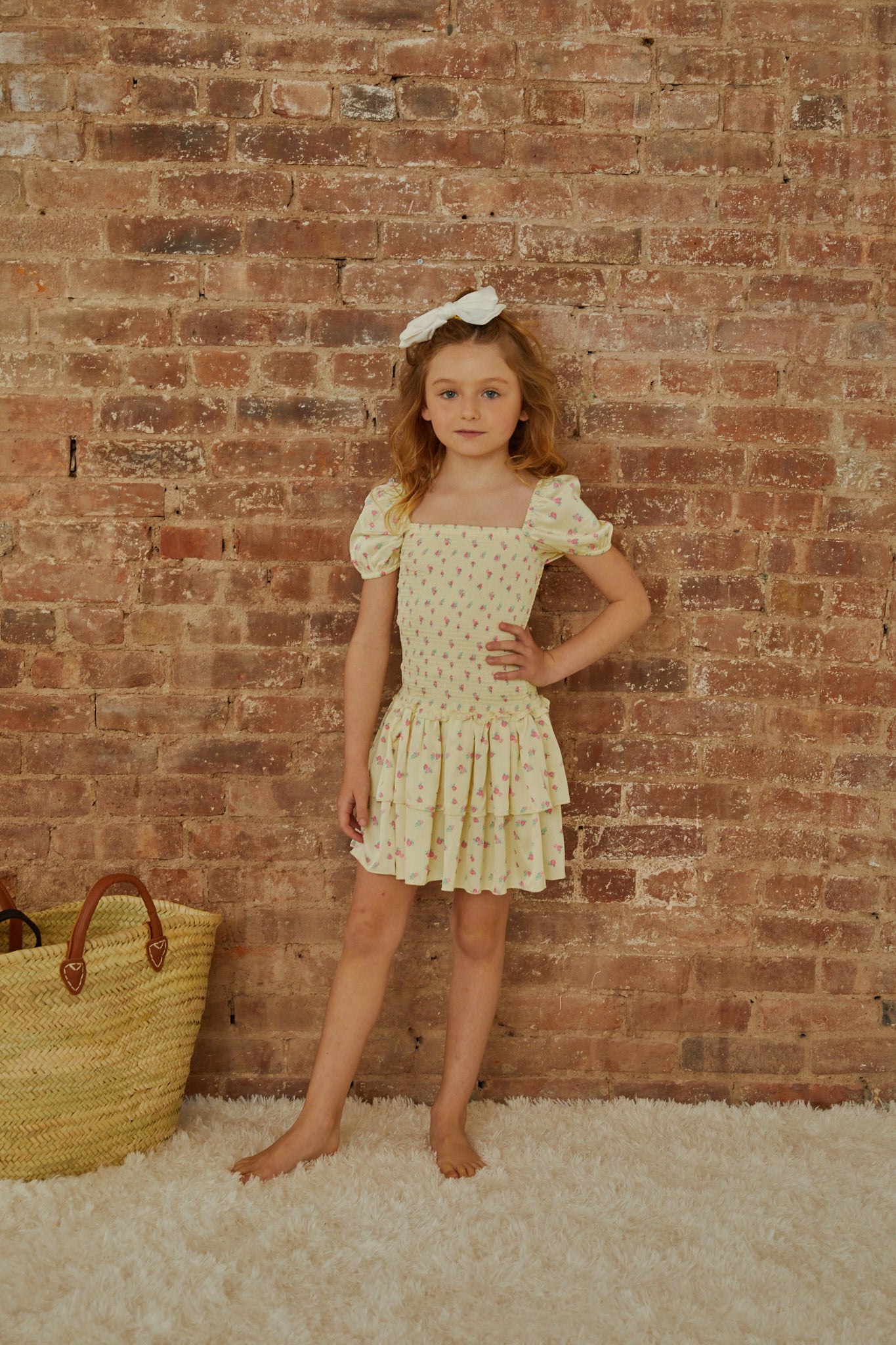 Lexi Pastel Yellow Ditsy Satin Smocked Short Sleeve Ruffle Dress