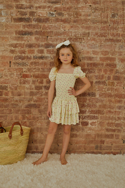 Lexi Pastel Yellow Ditsy Satin Smocked Short Sleeve Ruffle Dress