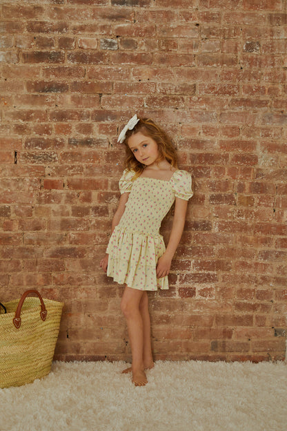 Lexi Pastel Yellow Ditsy Satin Smocked Short Sleeve Ruffle Dress