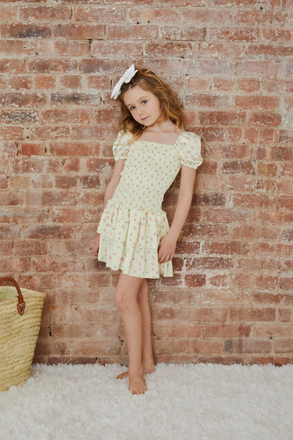 Lexi Pastel Yellow Ditsy Satin Smocked Short Sleeve Ruffle Dress