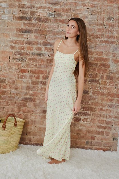 Charlotte Pastel Yellow Ditsy Long Satin Dress