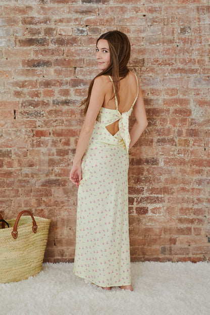 Charlotte Pastel Yellow Ditsy Long Satin Dress