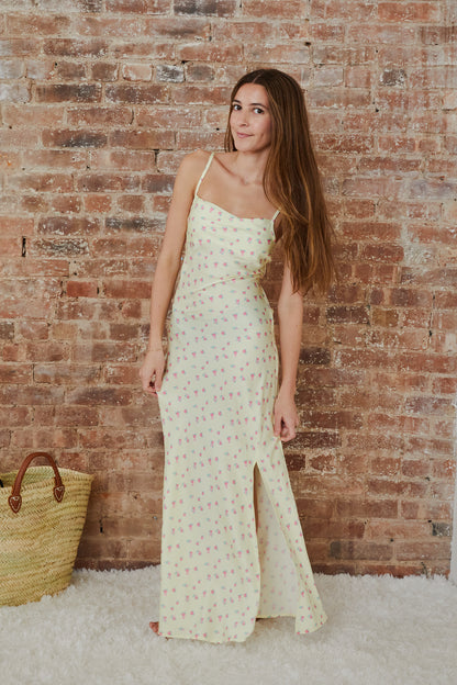 Charlotte Pastel Yellow Ditsy Long Satin Dress