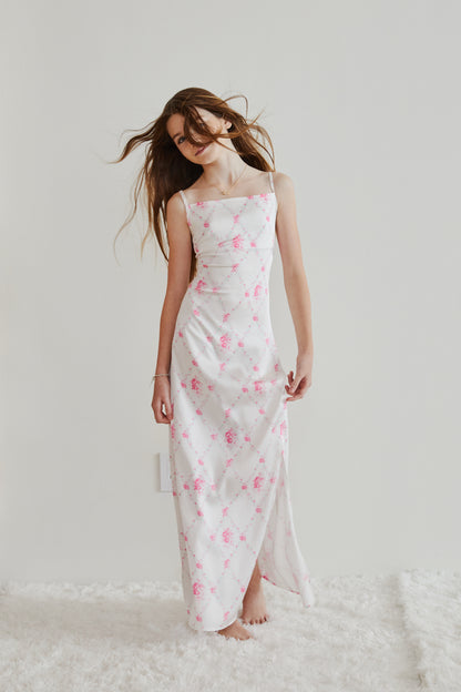 Charlotte Vintage Romantic Rose Long Satin Dress