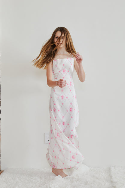 Charlotte Vintage Romantic Rose Long Satin Dress