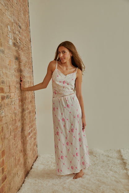 Margot Vintage Romantic Rose Satin Tank With Lace Trim