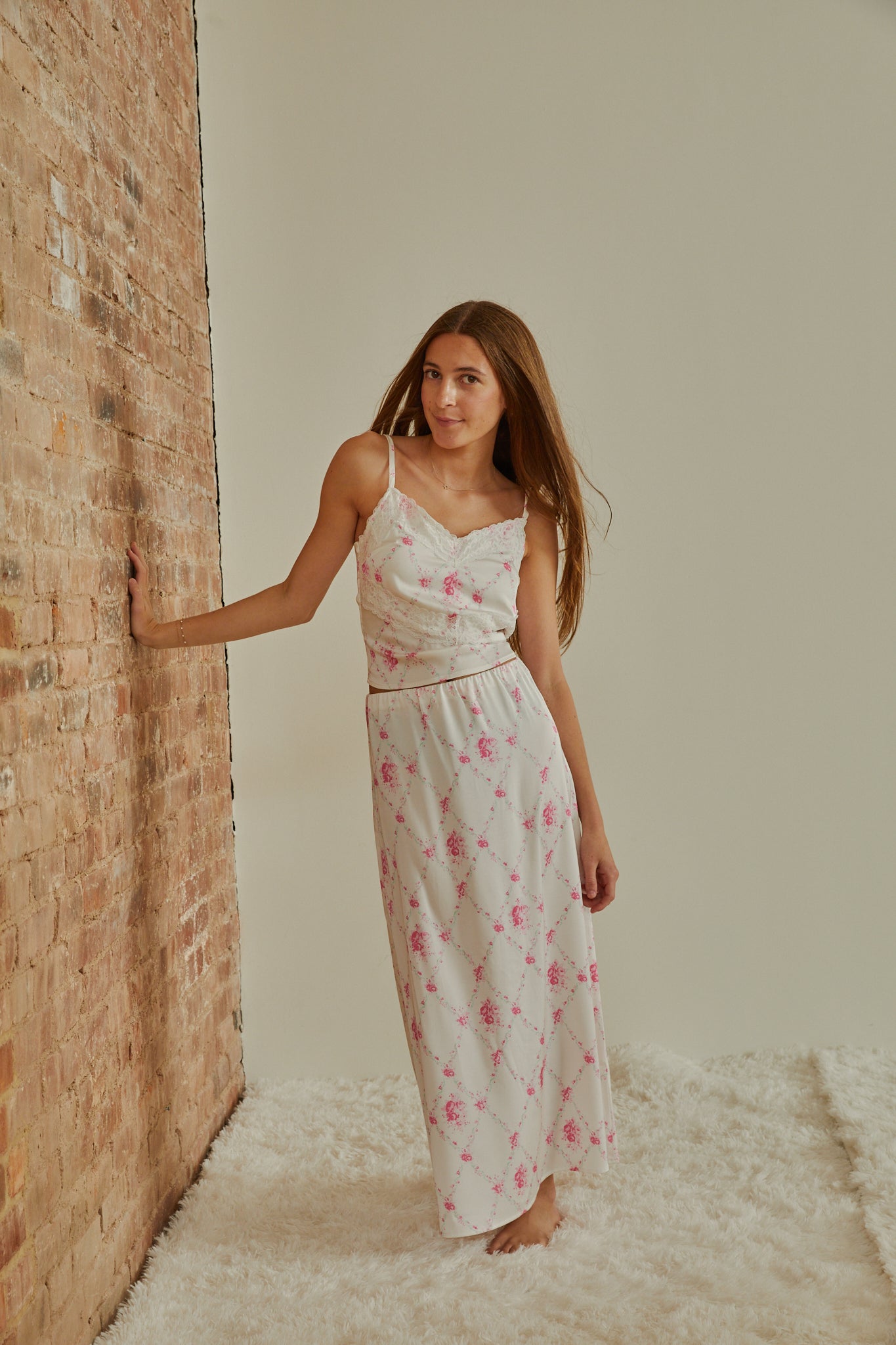 Margot Vintage Romantic Rose Satin Tank With Lace Trim