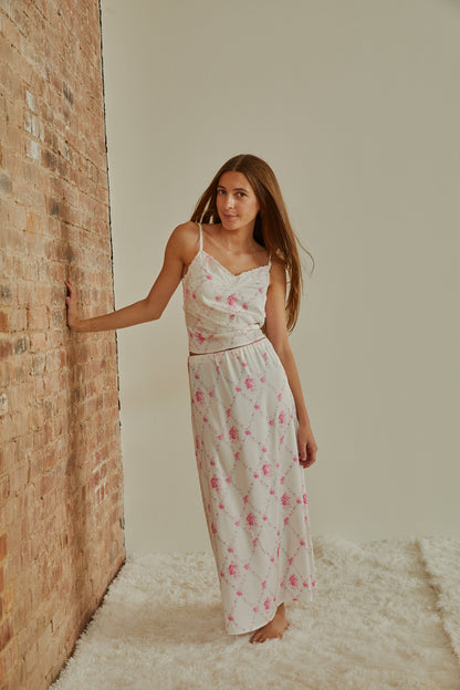 Margot Vintage Romantic Rose Satin Tank With Lace Trim