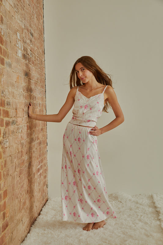Margot Vintage Romantic Rose Satin Tank With Lace Trim