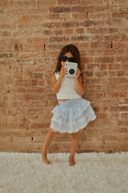 Gemma Pastel Blue Heart Dobbie Smocked Ruffle Mini Skirt S26