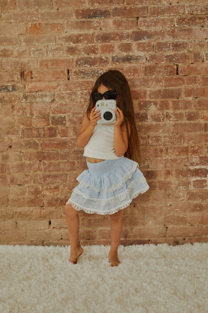 Gemma Pastel Blue Heart Dobbie Smocked Ruffle Mini Skirt S26