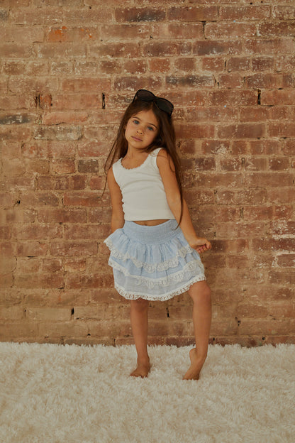 Gemma Pastel Blue Heart Dobbie Smocked Ruffle Mini Skirt S26
