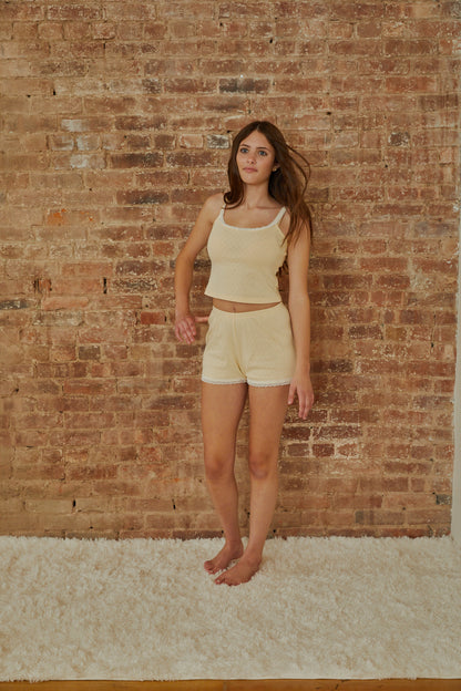 Teddy Pastel Yellow With White Lace Heart Pointelle Shorts