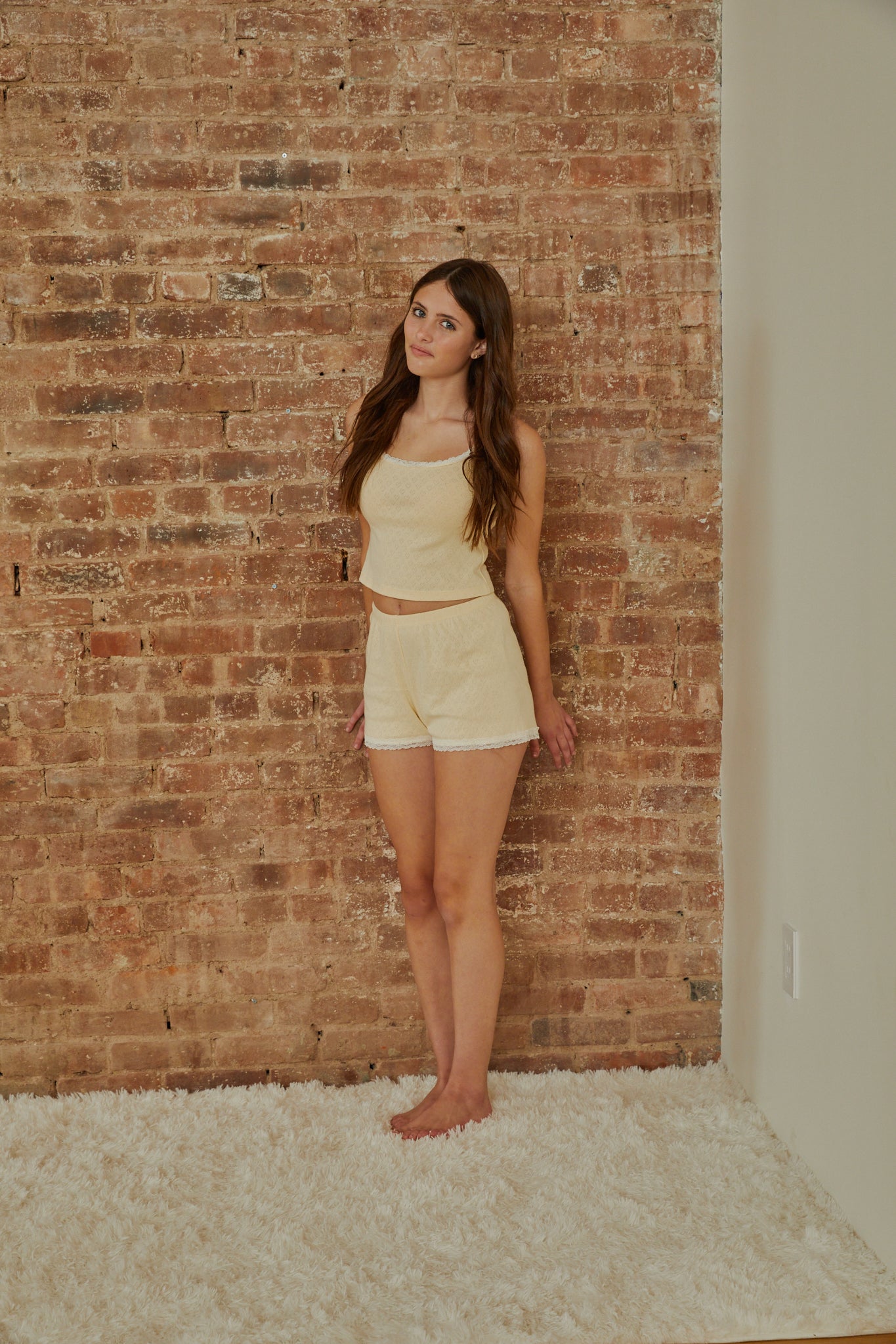 Teddy Pastel Yellow With White Lace Heart Pointelle Shorts