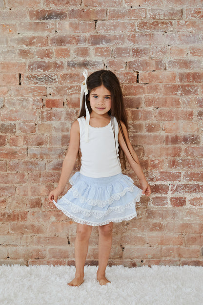Gemma Pastel Blue Heart Dobbie Smocked Ruffle Mini Skirt S26