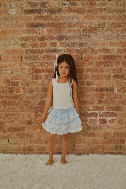 Gemma Pastel Blue Heart Dobbie Smocked Ruffle Mini Skirt S26