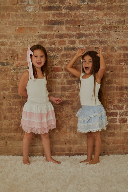 Gemma Pastel Blue Heart Dobbie Smocked Ruffle Mini Skirt S26