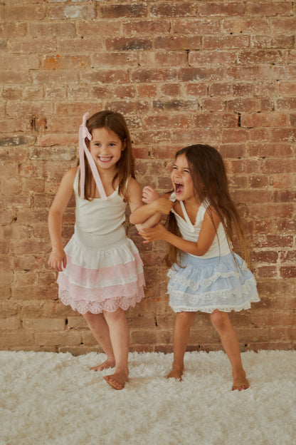 Gemma White With Pink Lace Heart Dobbie Smocked Ruffle Mini Skirt