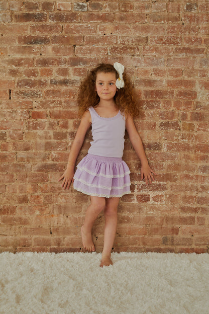 Gemma Lavender With White Lace Heart Dobbie Smocked Ruffle Mini Skirt