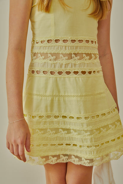 Isabella Pastel Yellow Heart Bow Lace Dress