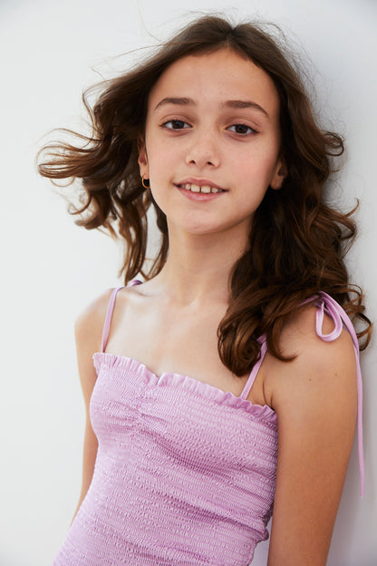 Lola Lavender Satin Smocked Ruffle Dress