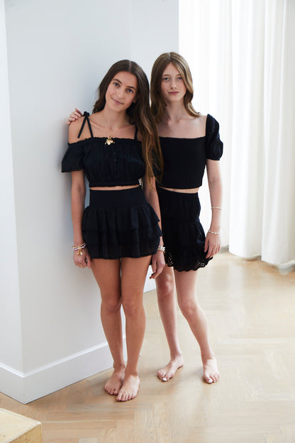 Gemma Black Dot Smocked Ruffle Mini Skirt