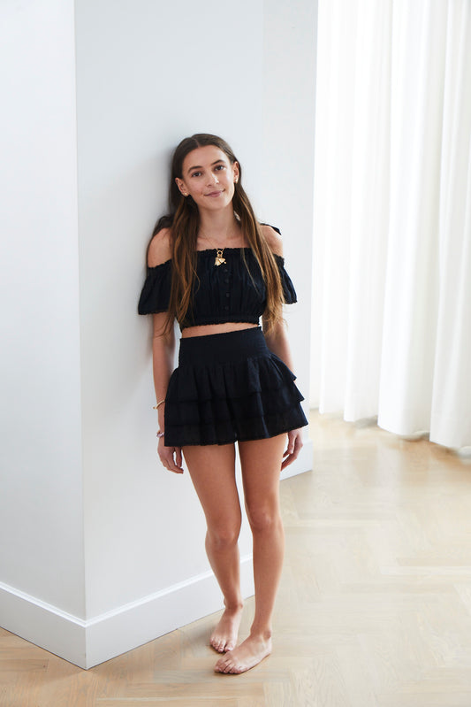 Gemma Black Dot Smocked Ruffle Mini Skirt