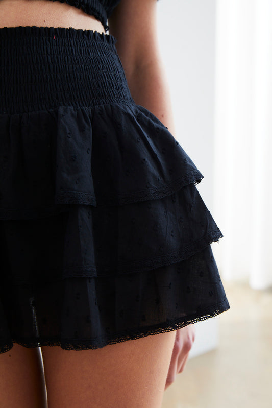 Gemma Black Dot Smocked Ruffle Mini Skirt